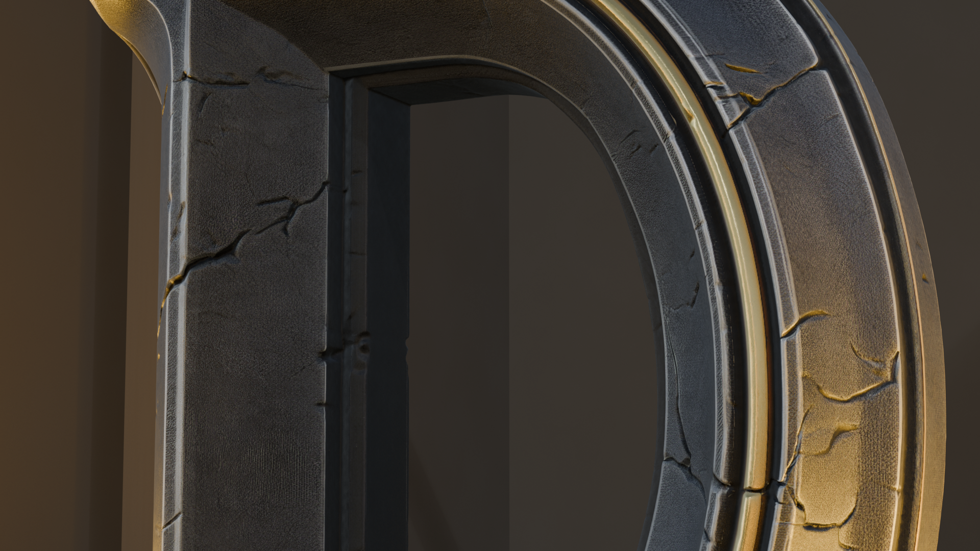 Cracked-stone D with gold inlay close-up