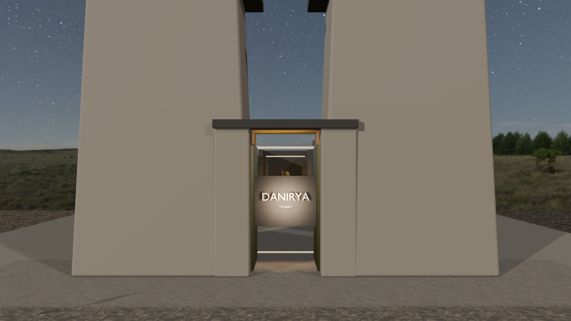 Temple forecourt pylons under a starry sky