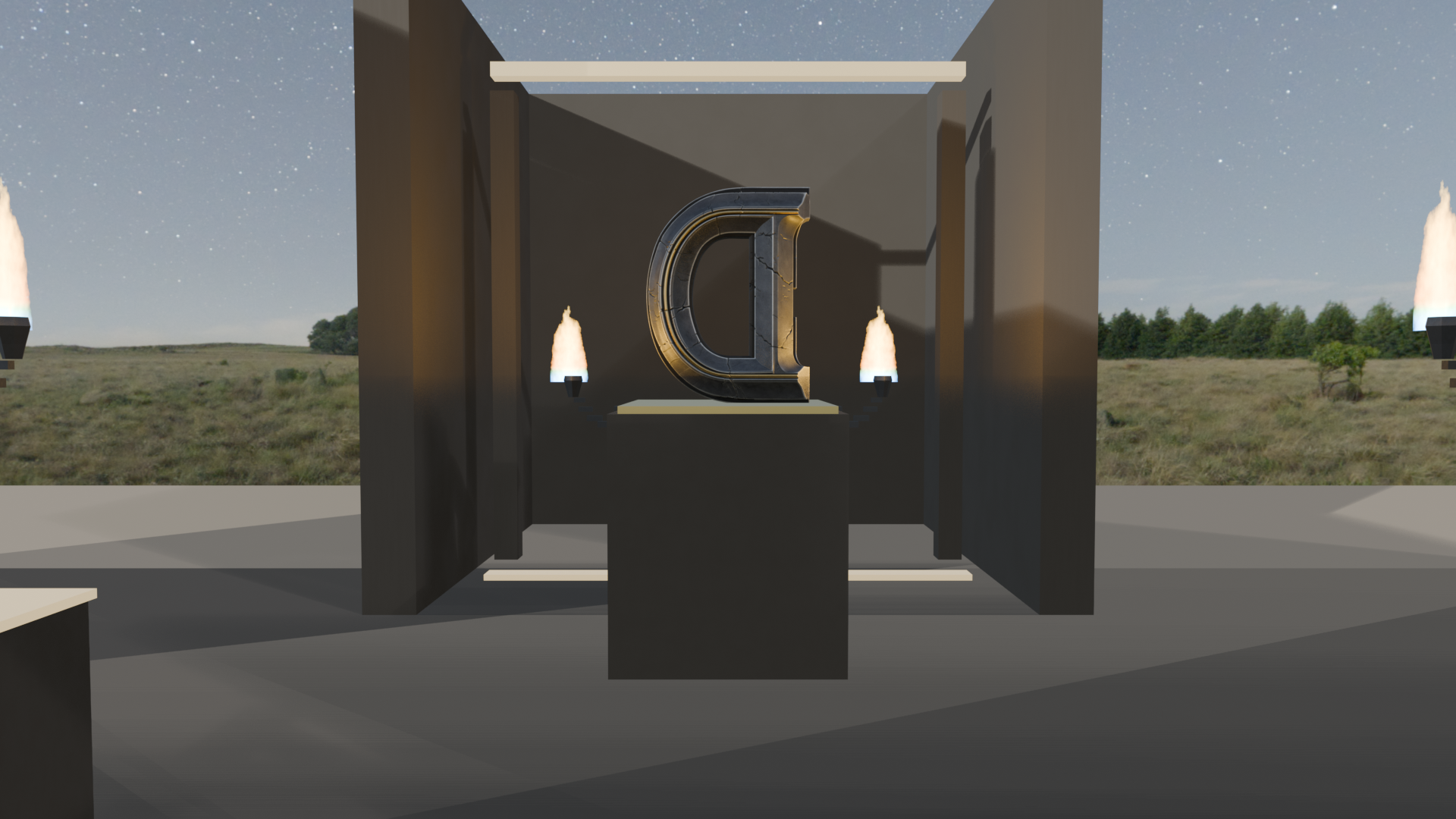 Sanctuary room with Danirya D on the pedestal, torches, and night sky